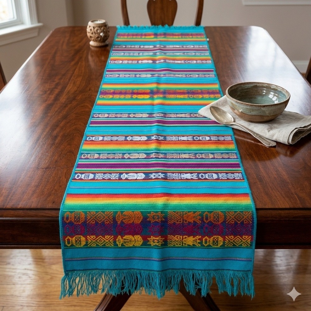 South American Table Runner Turquoise Ecuador Wool Cotton Striped Woven EUC